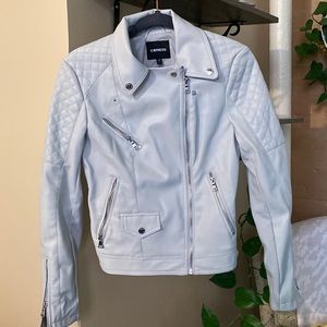 Leather Jacket - light blue/gray with silver zippers & buttons